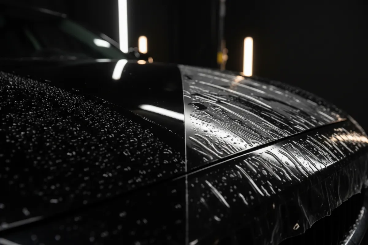Hood close-up showing ceramic coating water beading beside a protective film edge