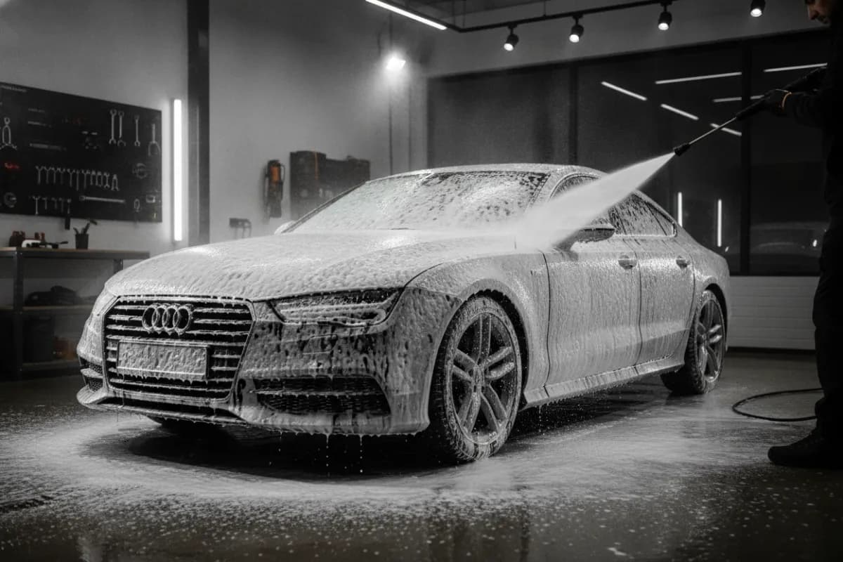 Sedan covered in thick foam during an exterior detail wash