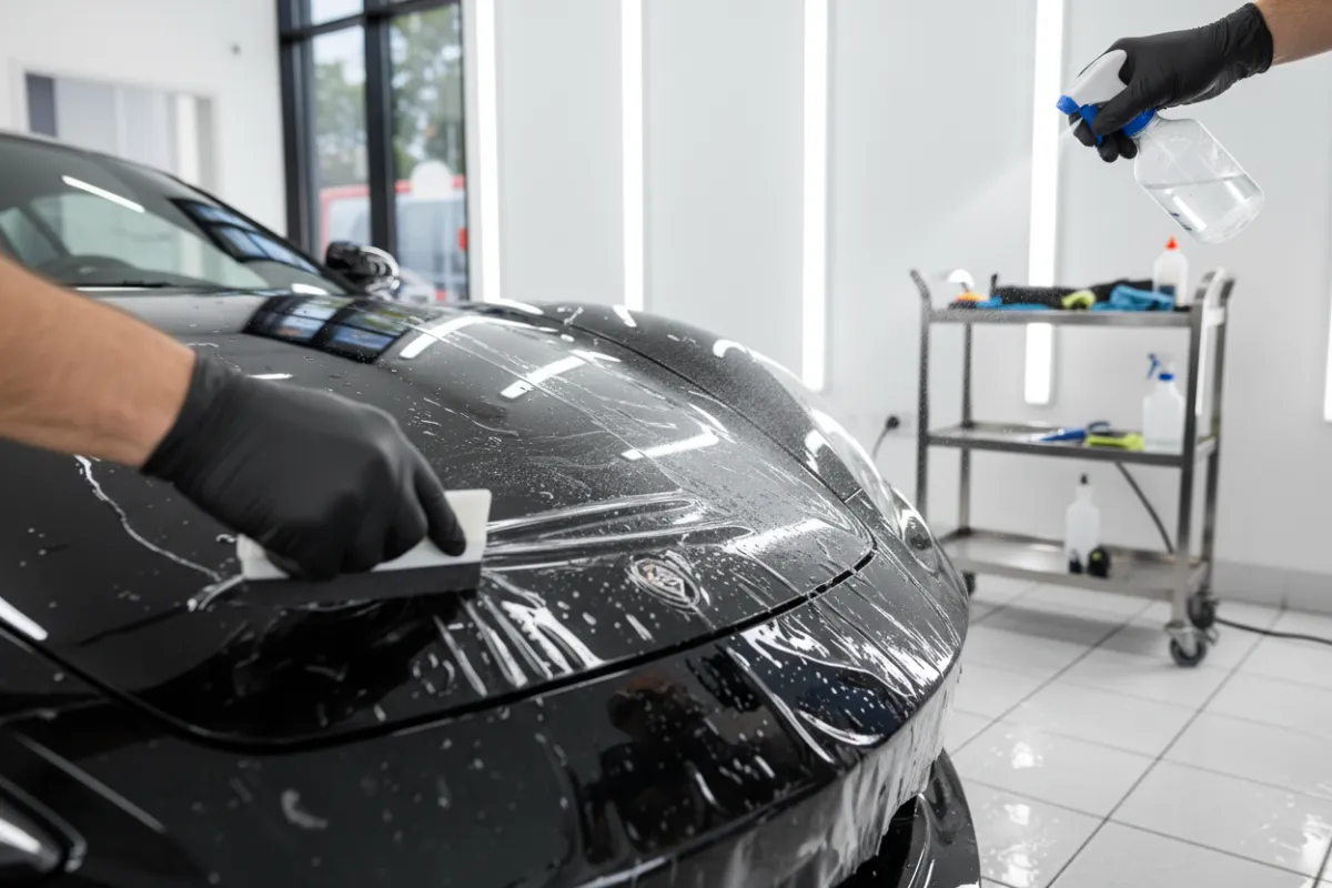Clear paint protection film being squeegeed onto a black hood