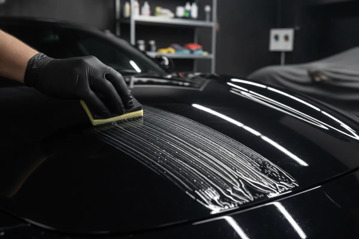 Ceramic coating being applied to a black hood with an applicator block