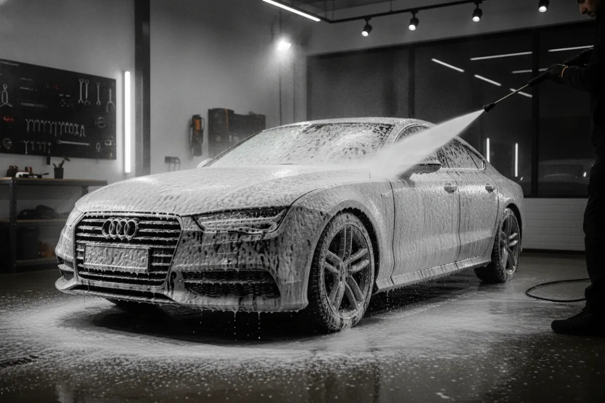 Sedan covered in thick foam during an exterior detail wash