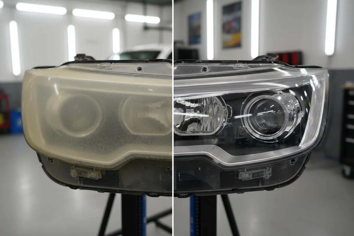 Headlight half oxidized and cloudy, half restored crystal clear