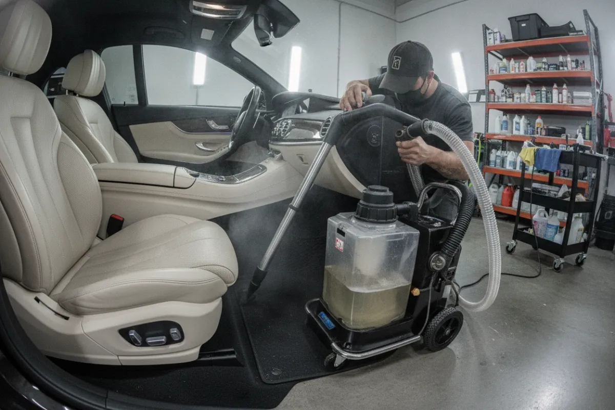 Hot water extraction machine cleaning a car interior