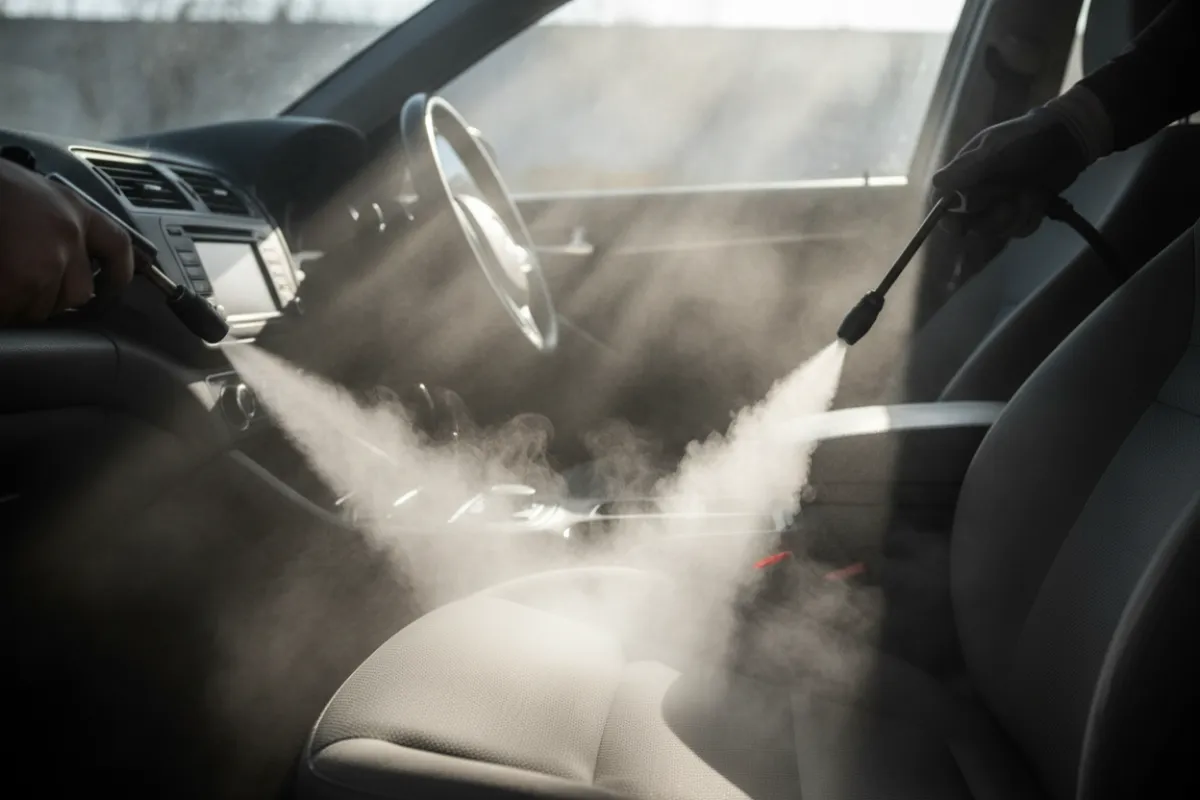 Steam treatment misting through a car interior during odour removal