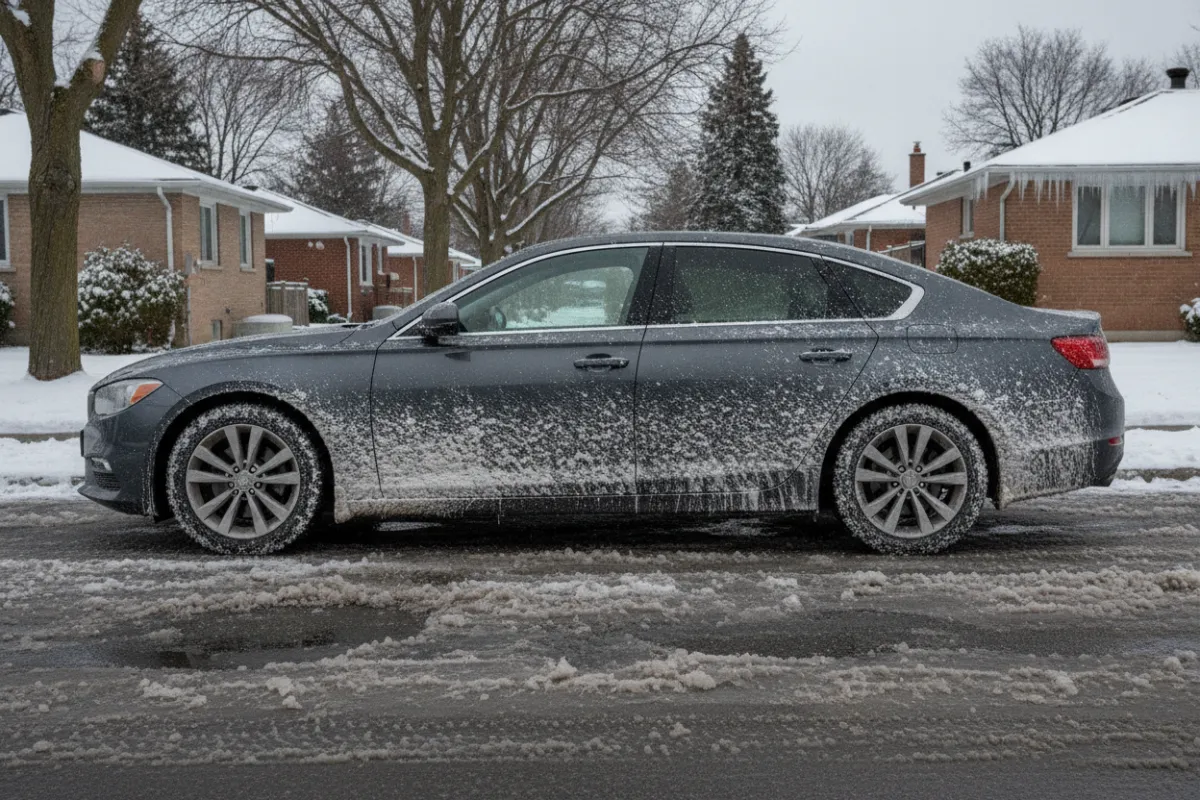 Sedan coated in white road salt spray on a winter Toronto street
