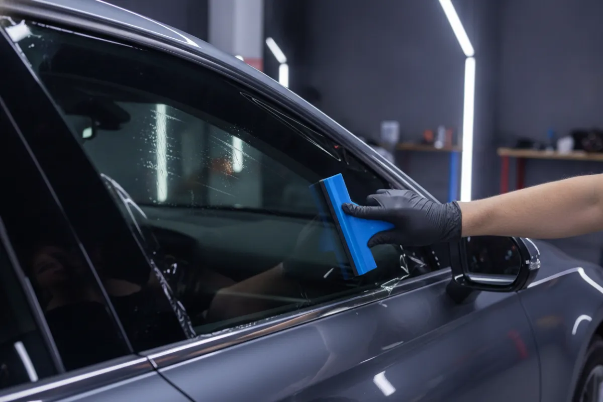 Window tint film being smoothed onto a sedan side window with a squeegee