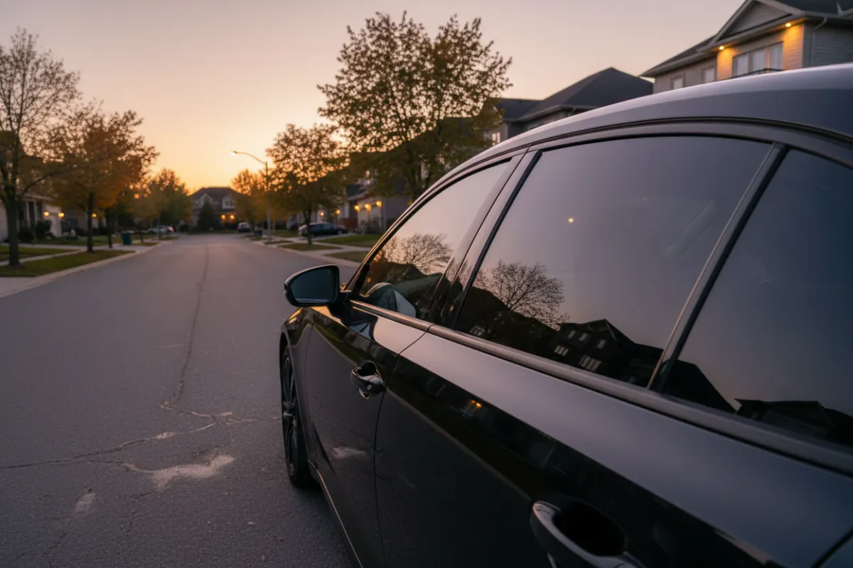 Sedan with dark tinted side windows parked on an Ontario street at dusk